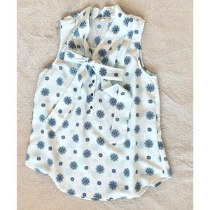 White and Blue Pussy Bow Blouse